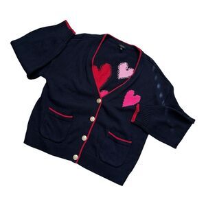 Talbots Cardigan Women's XL Navy Blue Pink Hearts Gold Buttons Valentines Day